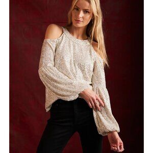 🆕 CeCe Sequin Cold-Shoulder Blouse Bedazzle & Sparkle in Champagne Women Small